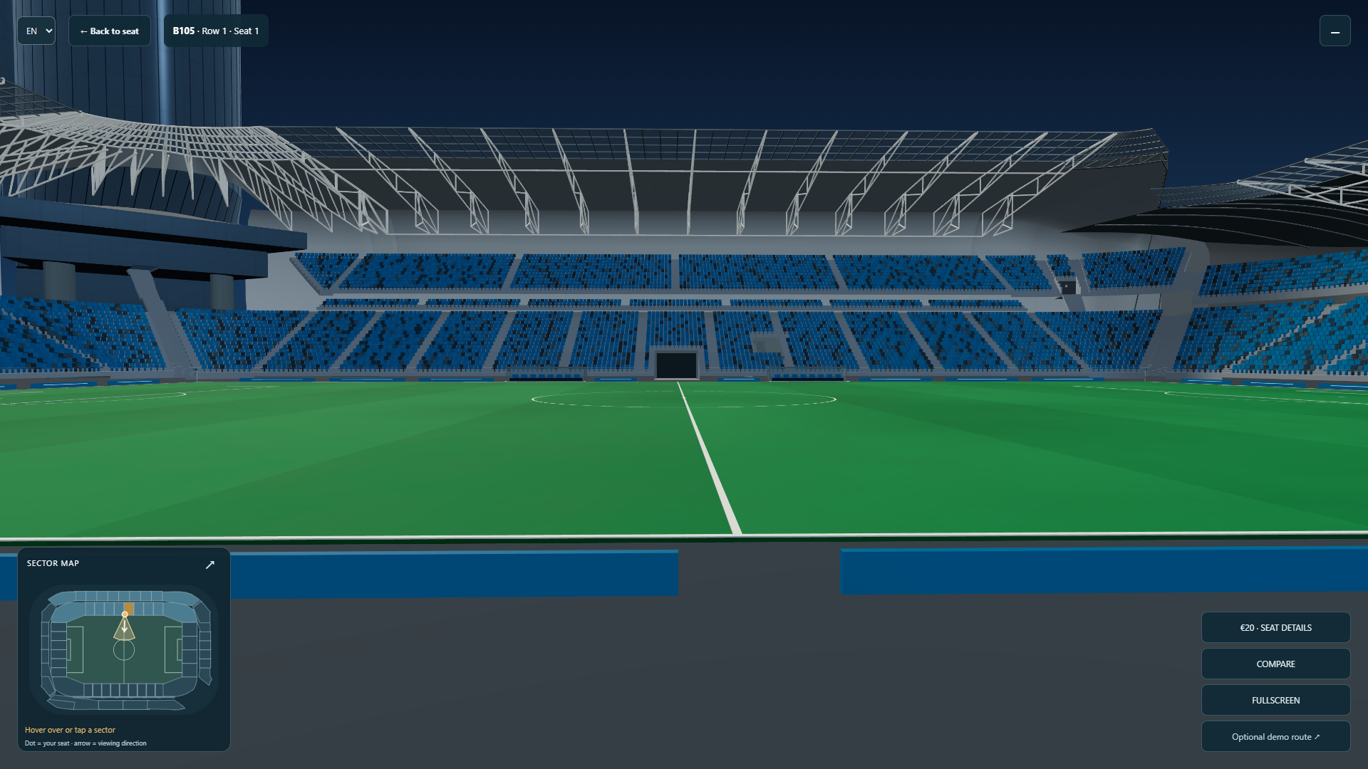 Seat-level view from sector B105 toward the pitch and opposite stand