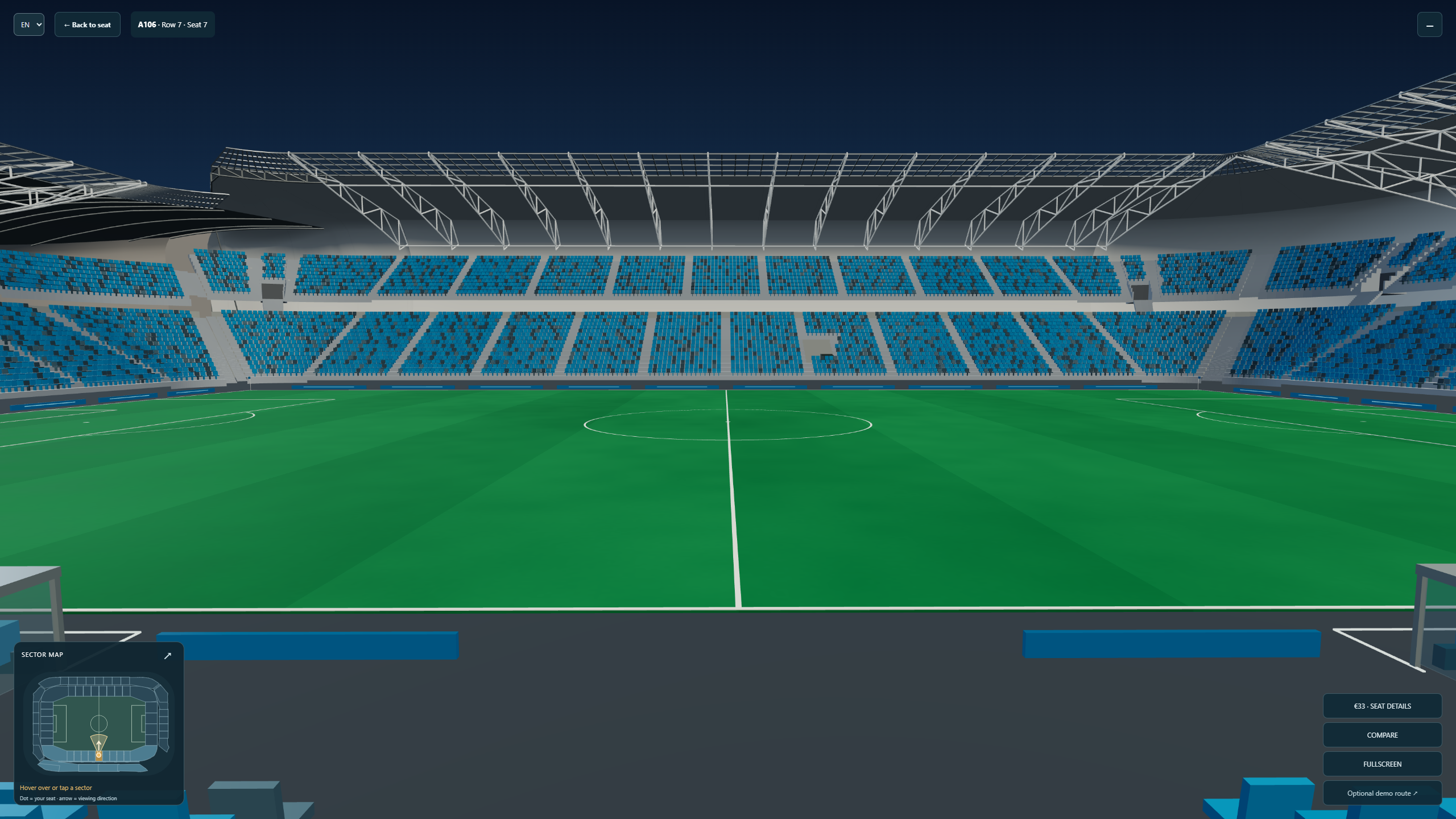First-person point-of-view render from seat A106 looking toward the pitch, with a sector minimap overlay