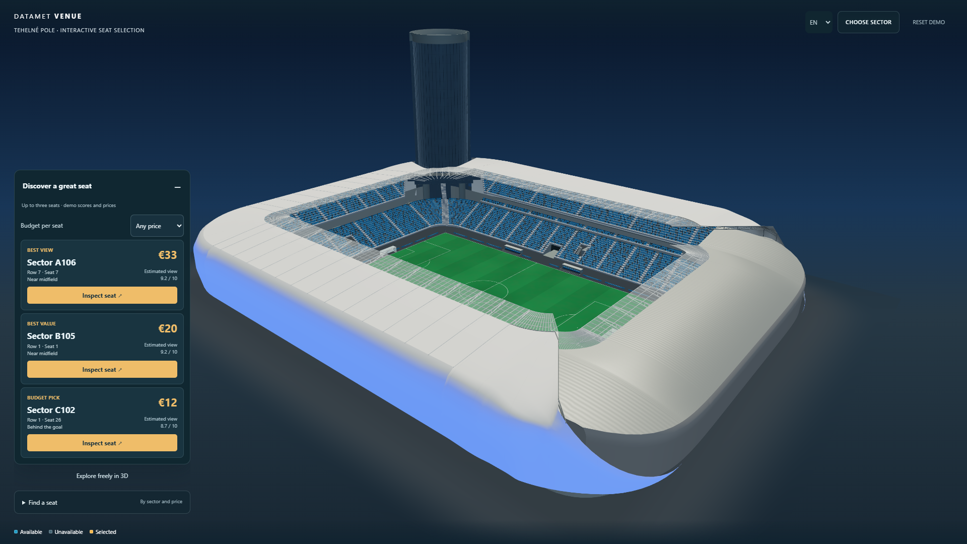 Expanded seat recommendation panel showing best view, best value and price tip suggestions
